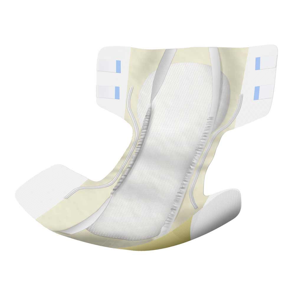 Abena Delta-Form S1. Inkontinenzprodukt. Offen, mit blauen Klebestreifen. Innenliegende Absorptionsschicht sichtbar.