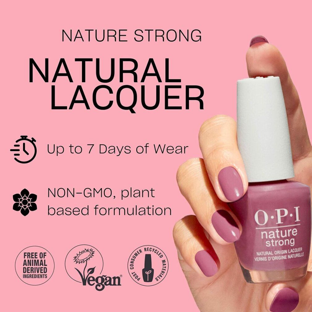 Nagellackflasche, rosa. OPI Nature Strong, vegan, bis zu 7 Tage Haltbarkeit.