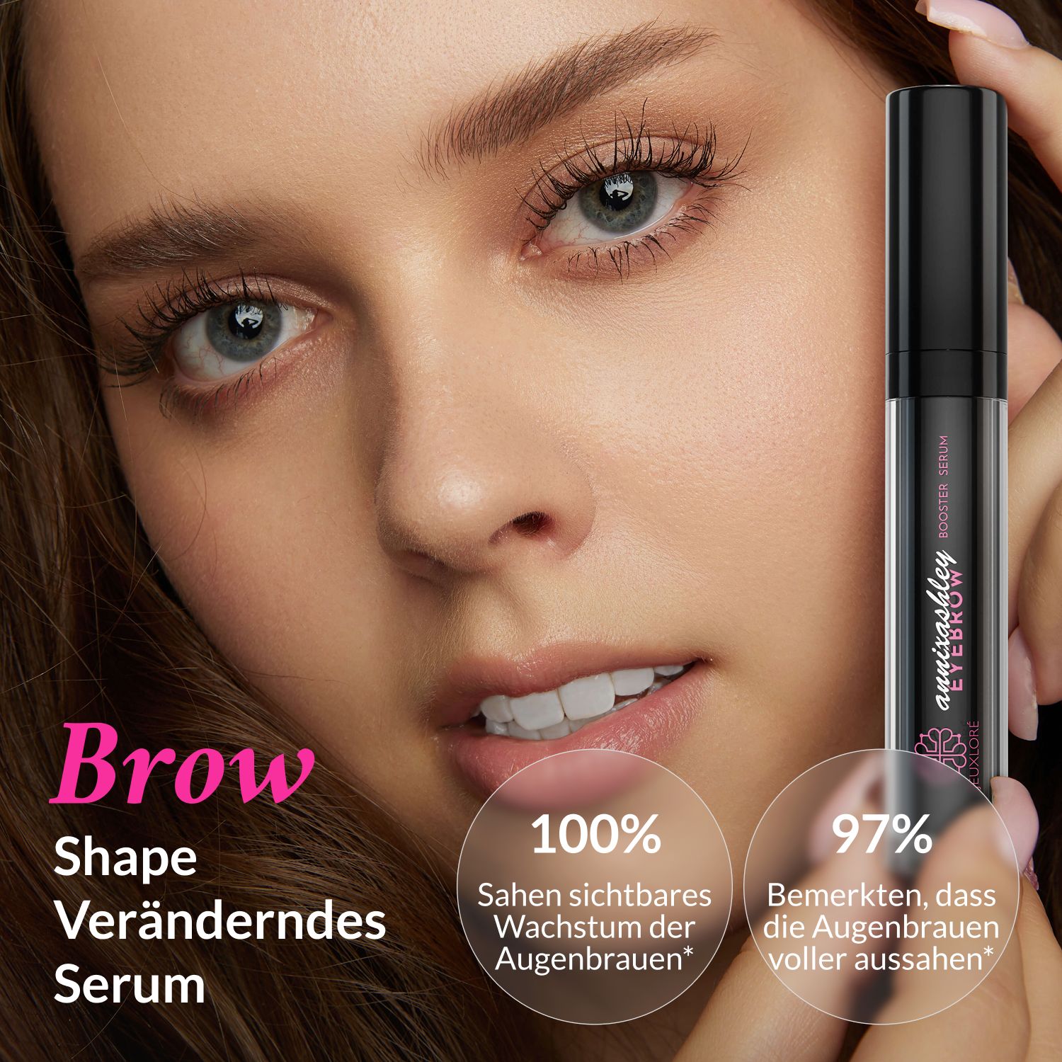 Frau mit Augenbrauenserum. Text: Brow Shape Veränderndes Serum. Prozentangaben zu Ergebnissen.