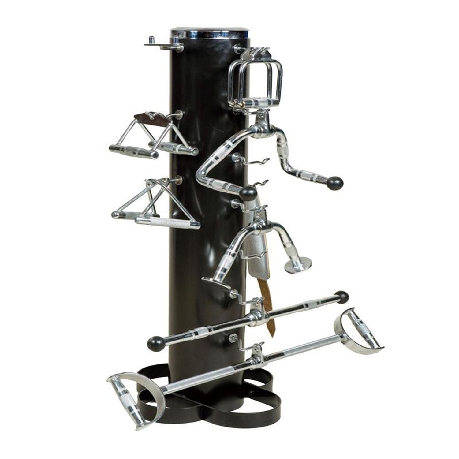 Schwarzer Seilzuggriffständer mit verschiedenen Griffen. Metallkonstruktion mit runder Basis und Halterungen für Griffe.