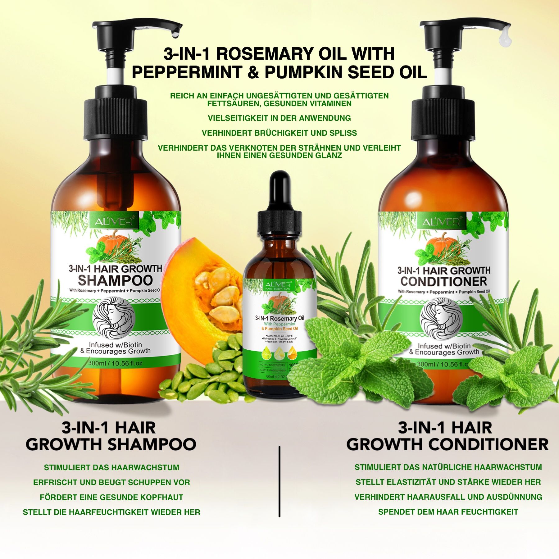 Drei Flaschen ALIVER Haarpflege-Set. Shampoo, Conditioner und Haaröl. Text über Inhaltsstoffe und Vorteile. Kürbis, Minze und Rosmarin.