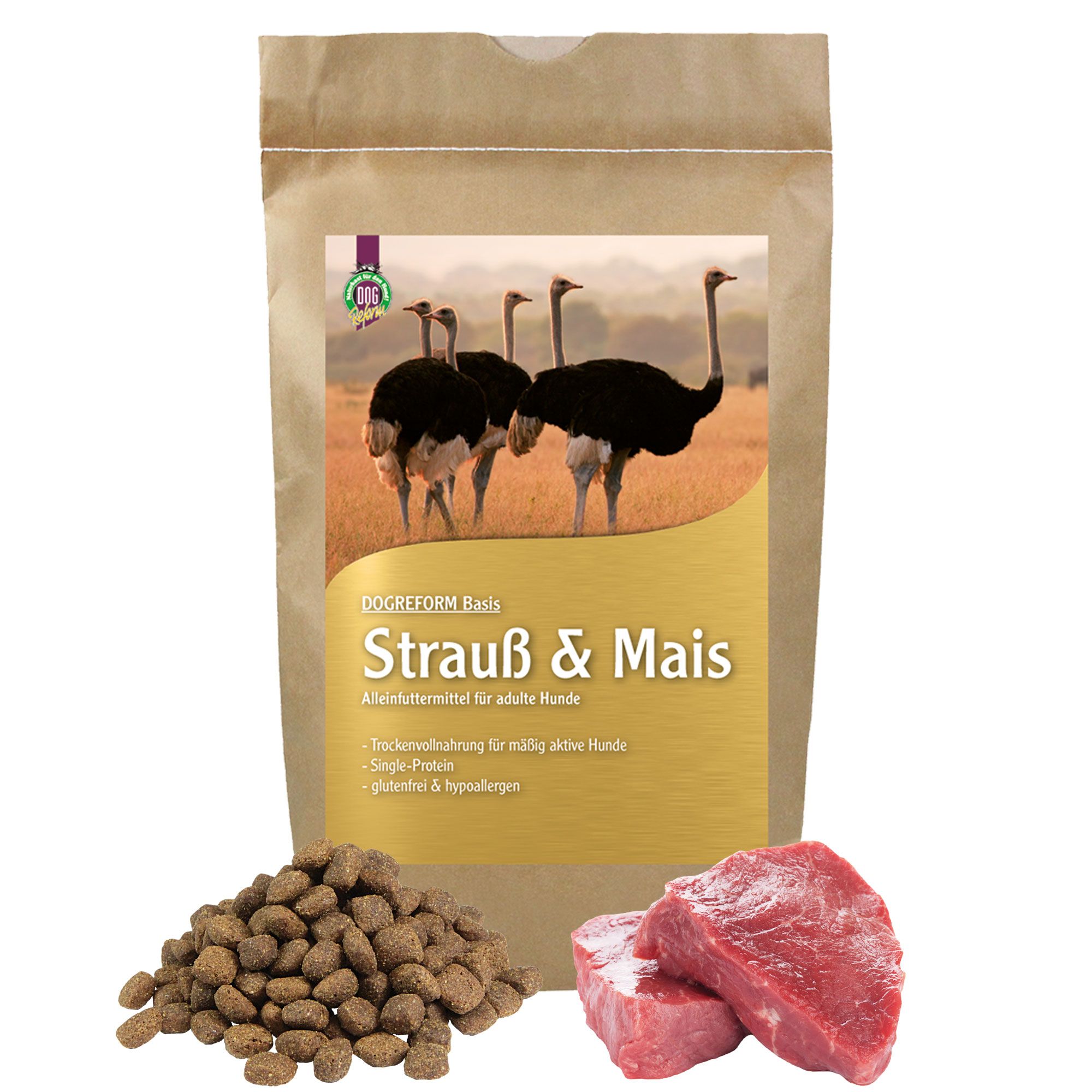 Schecker Dogreform Strauß und Mais - Trockenfutter - glutenfrei - ideal für allergische Hunde