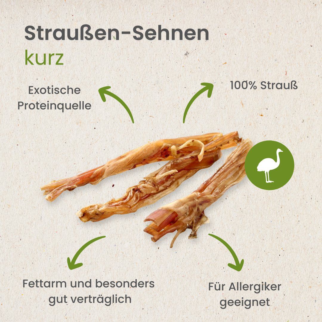 Drei getrocknete Straußen-Sehnen, 100% Strauß, proteinreich, fettarm.
