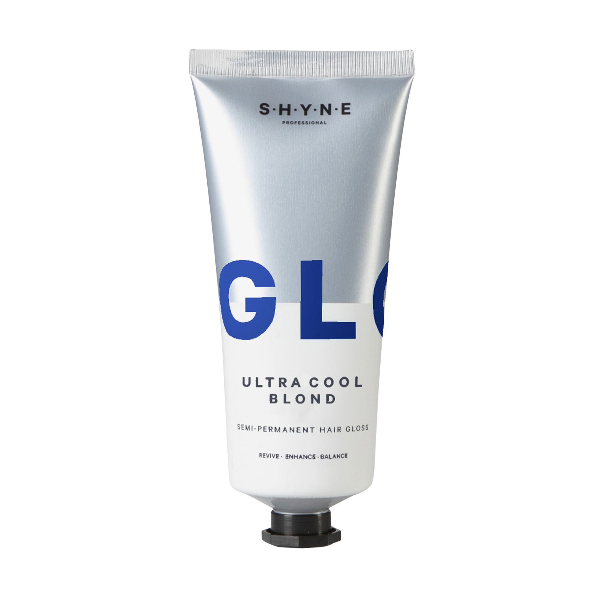 Silberne Tube mit blauem "GLO"-Schriftzug und "ULTRA COOL BLOND"-Text. Marke: SHYNE PROFESSIONAL. Schwarzer Verschluss.