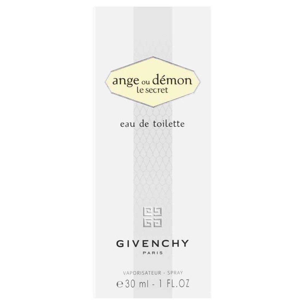 Verpackung. Weiße Verpackung mit Aufschrift: Ange ou Démon le secret, eau de toilette. Logo und Markenname Givenchy.