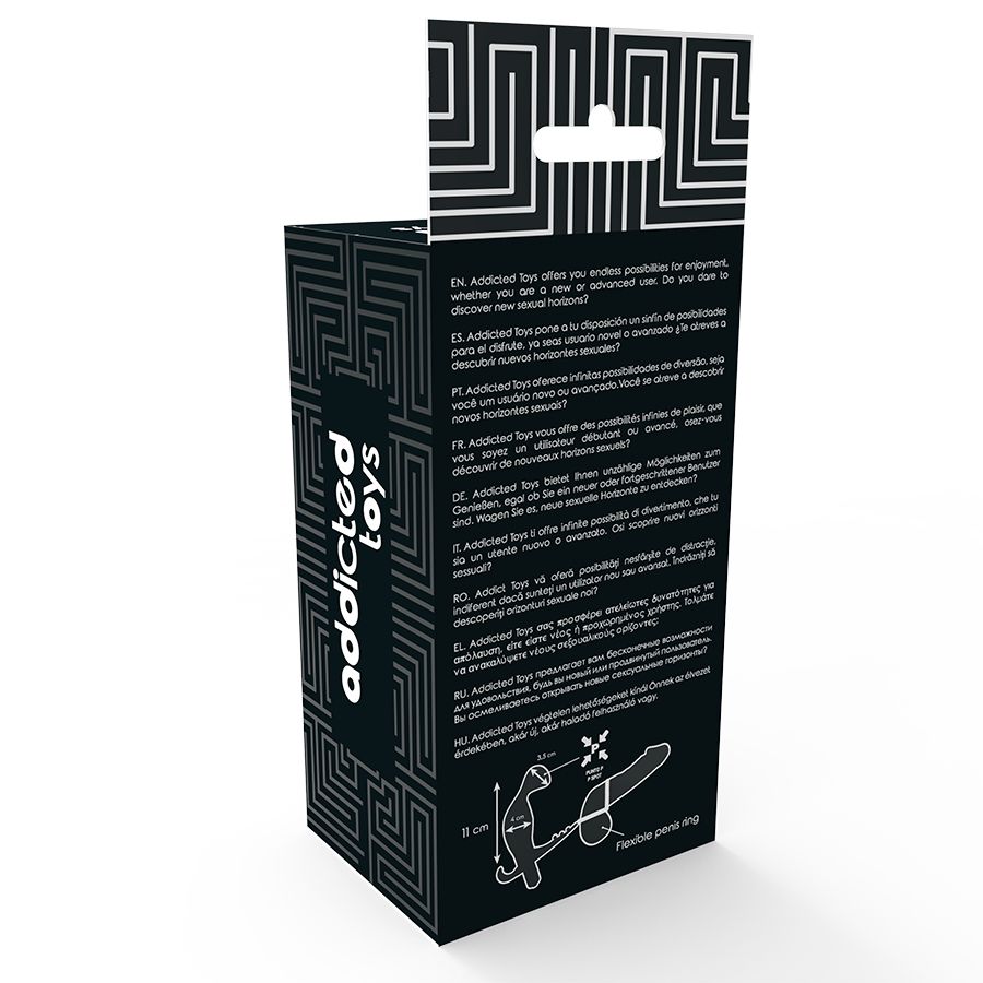 Rückseite der Verpackung. Text in mehreren Sprachen. Produktabbildung. Marke: Addicted Toys. Flexible Penisringe.