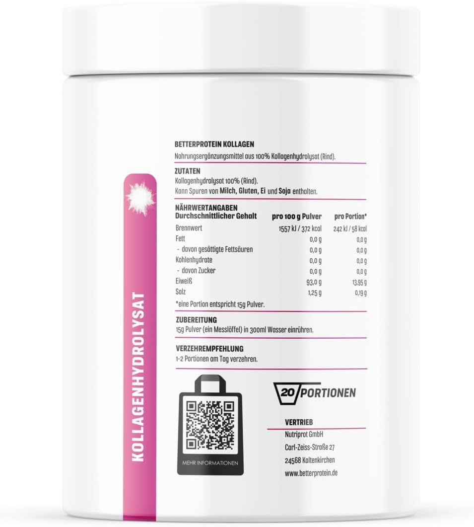 Weißer Behälter mit rosa Etikett. Text: Kollagenhydrolysat, Nährwertangaben, 20 Portionen, QR-Code. Enthält Informationen.