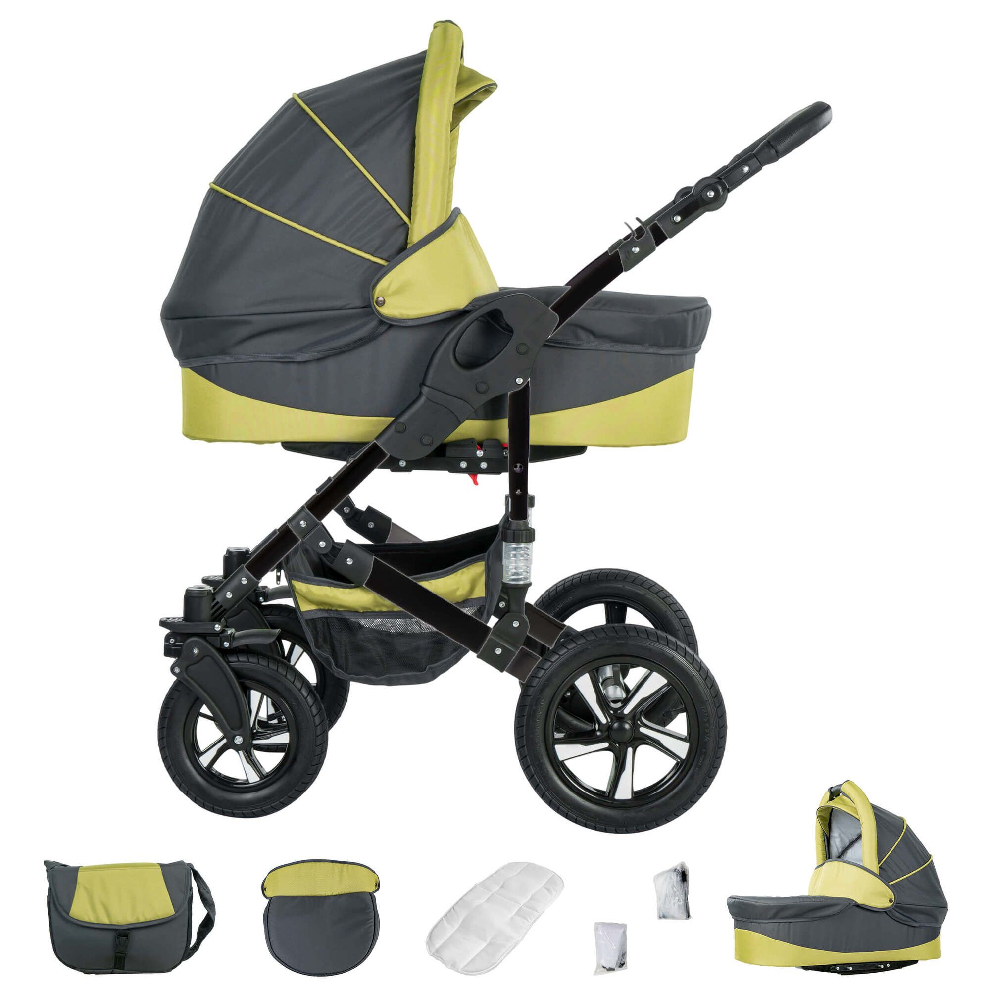 Kinderwagen, grau-grün, mit Babywanne. Schwarzes Gestell, Hartgummireifen. Zubehör: Tasche, Matratze, Regenschutz, Adapter.