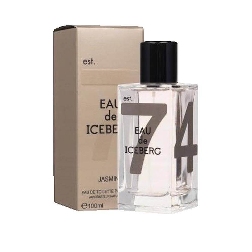Glasflakon mit schwarzem Verschluss und Verpackung. Aufschrift "EAU de ICEBERG 7".