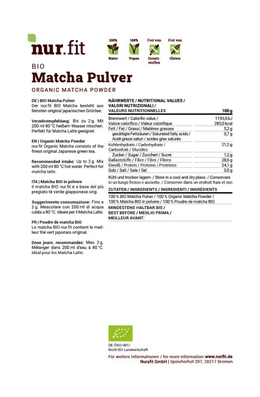 Verpackung mit BIO Matcha Pulver. Enthält Nährwertangaben und Gebrauchsanweisung.