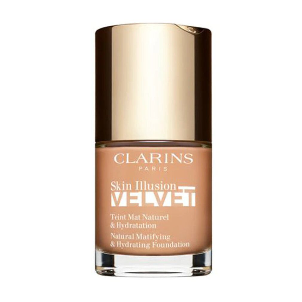 Clarins Skin Illusion Velvet Foundation. Flasche mit goldfarbenem Deckel. Text: Natural Mattifying & Hydrating Foundation.