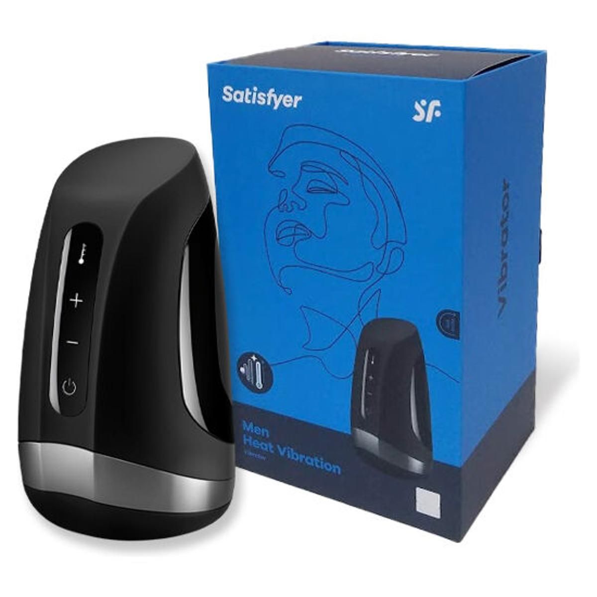 Schwarzes Gerät neben blauer Verpackung. Verpackung mit Produktname und Abbildung. Produktname: Satisfyer Men Heat Vibration.