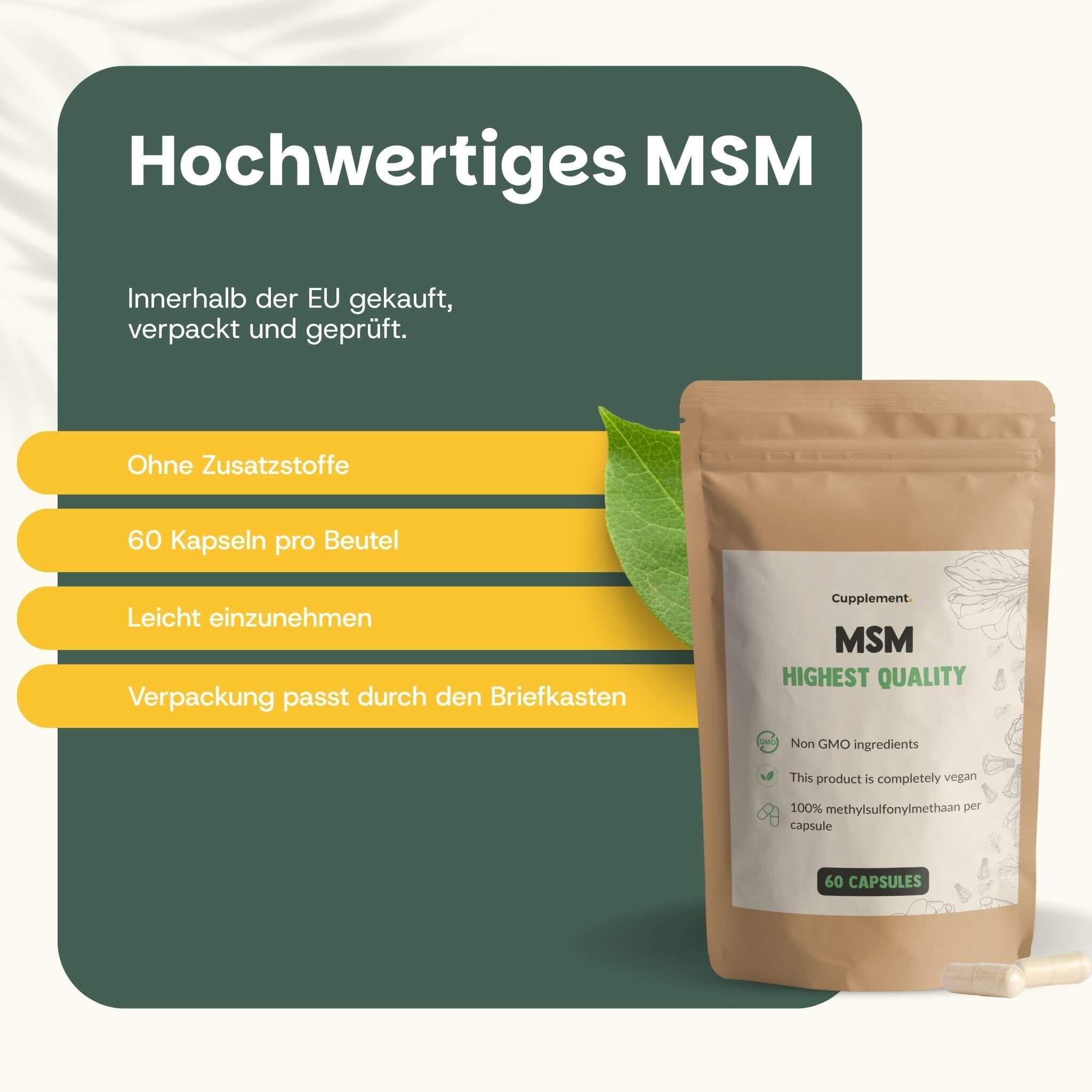 Beutel mit Kapseln. Text: Cupplement MSM, 60 Kapseln. Ohne Zusatzstoffe, leicht einzunehmen.