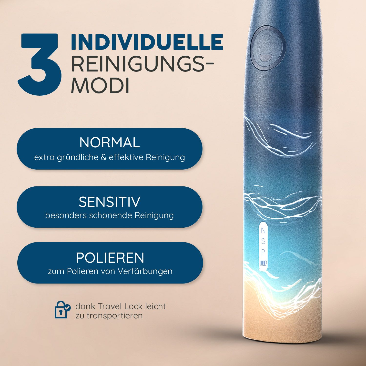 Nahaufnahme einer blauen Schallzahnbürste mit drei Reinigungsmodi: Normal, Sensitiv und Polieren. Die Zahnbürste hat ein Wellenmuster.