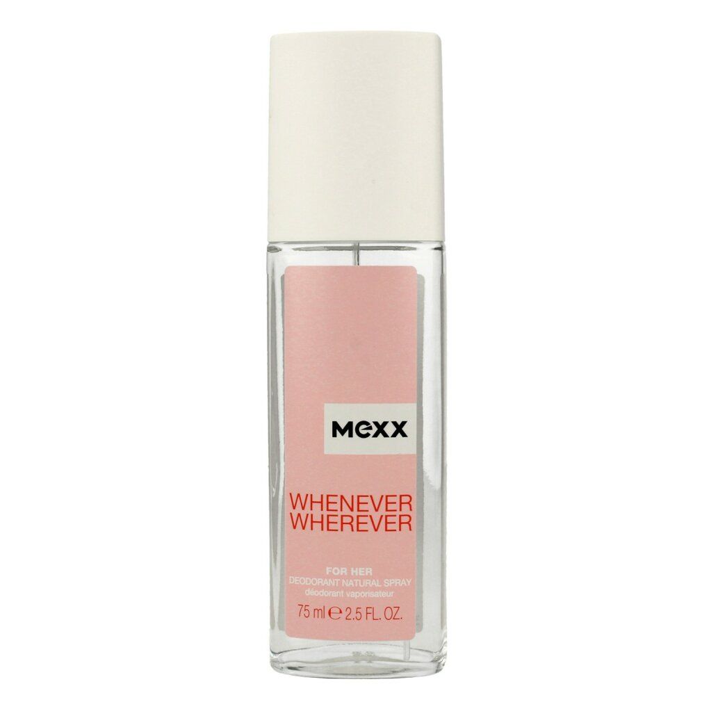 Deo-Glasflasche mit weißem Deckel. Rosa Etikett mit "MEXX", "WHENEVER WHEREVER" und "FOR HER".