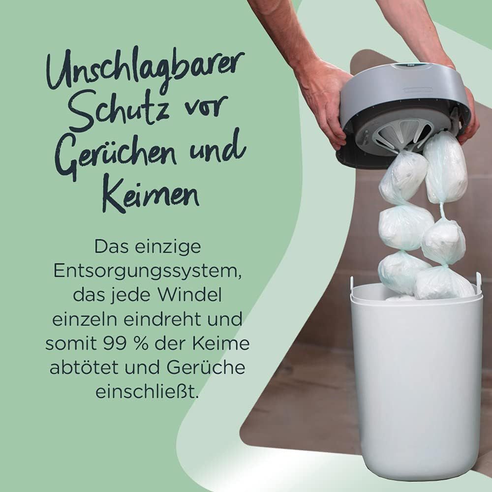 Hände legen Windeln in einen weißen Behälter. Text: Unschlagbarer Schutz vor Gerüchen und Keimen.