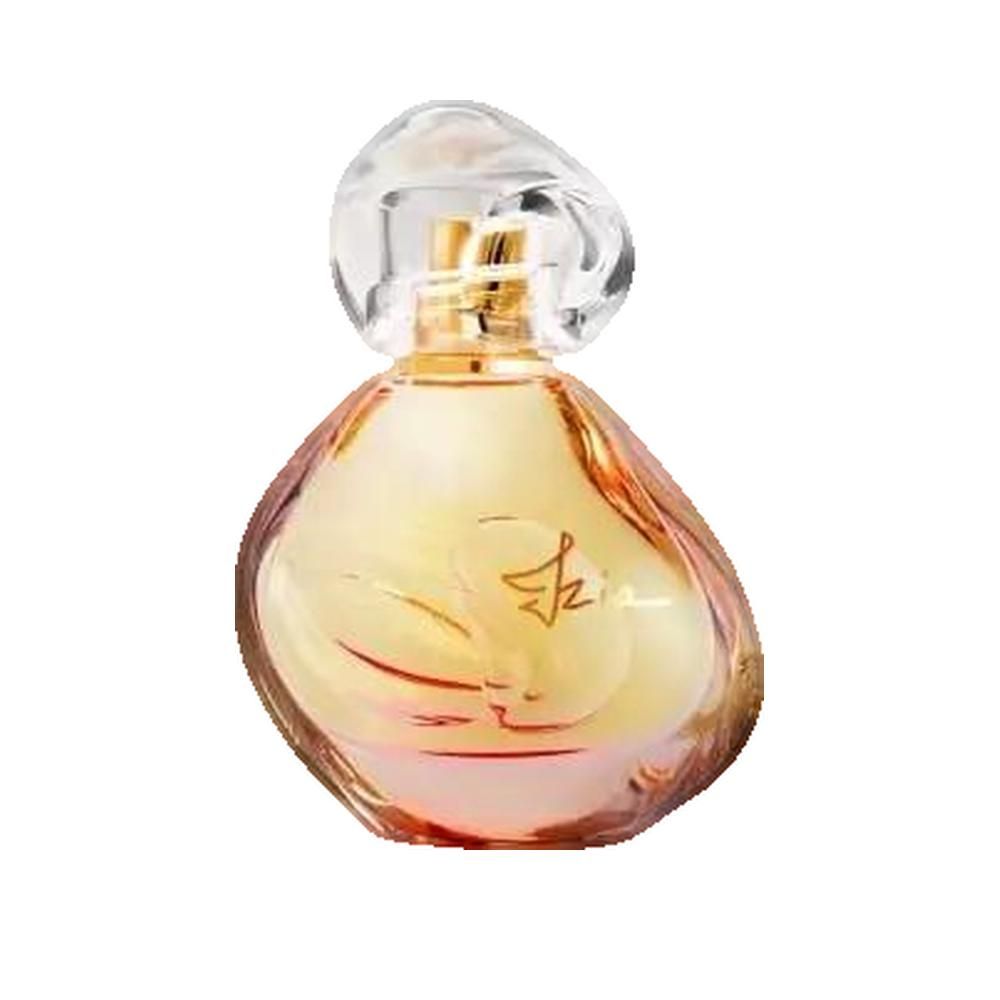 Parfümflakon mit goldfarbenem Verschluss und Schriftzug "Izia". Flakon aus Glas mit rosa und gelben Farbtönen.