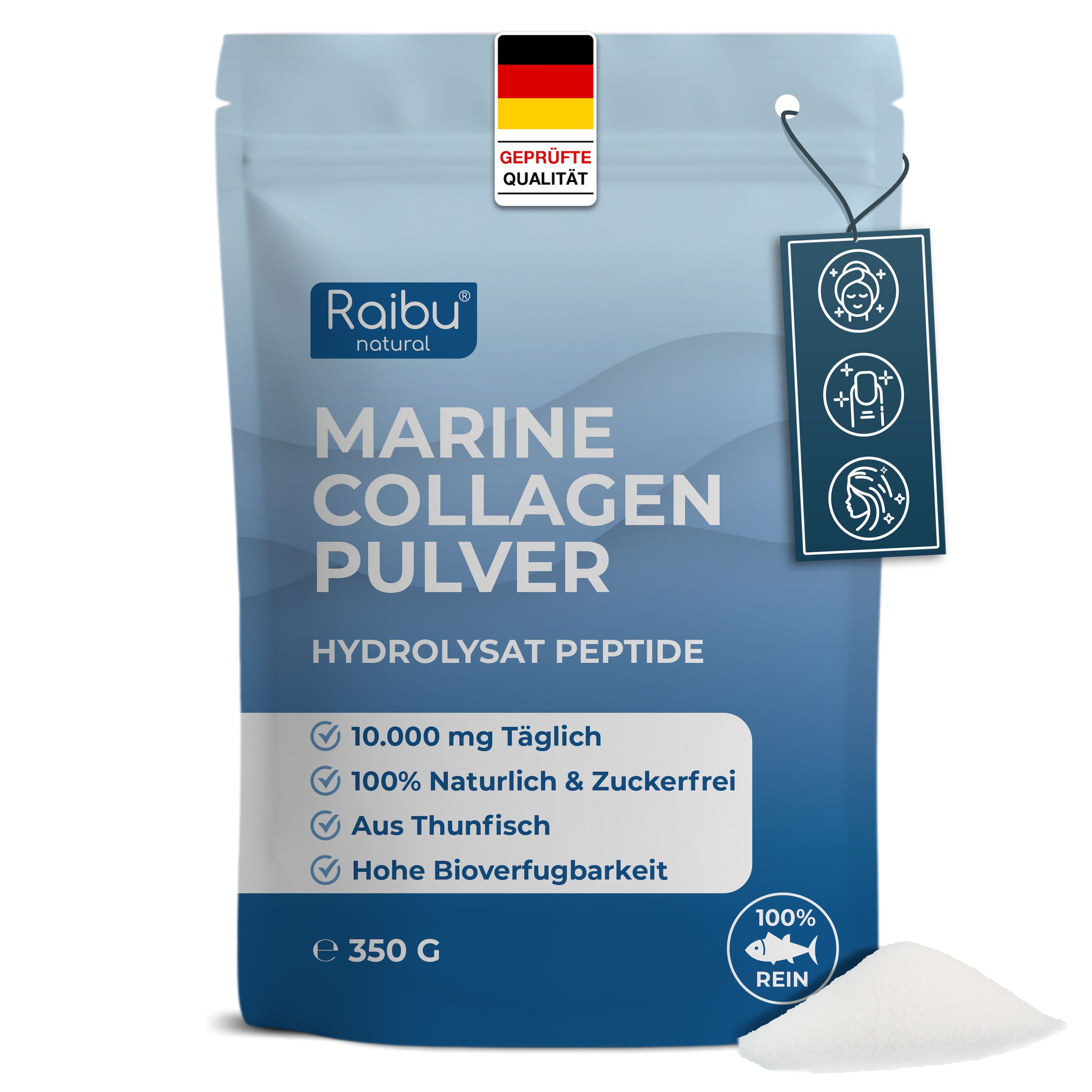 Marine Kollagen Pulver 10.000mg hochdosiert, geschmacksneutral aus Tunafisch 350g - Raibu 350 g