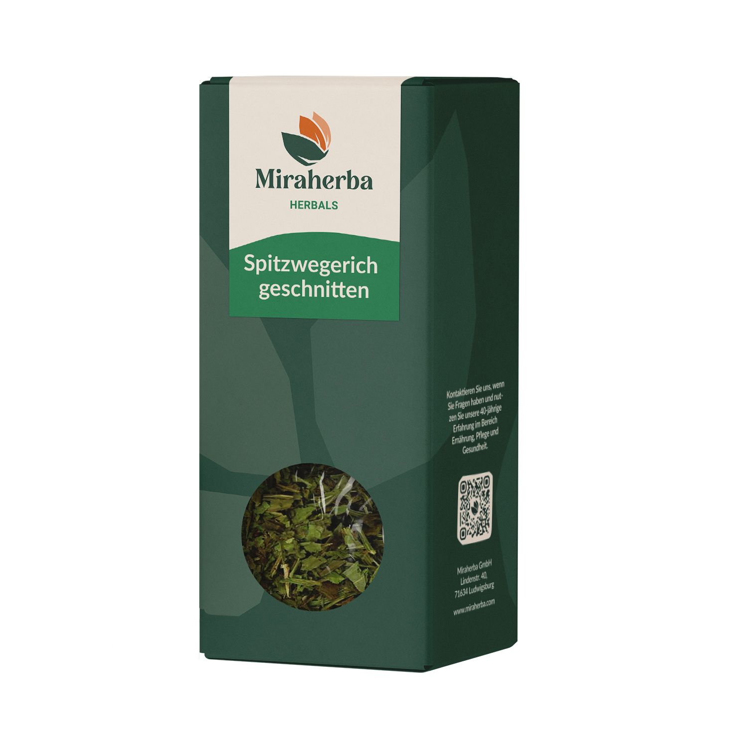 Grüne Verpackung mit Miraherba-Logo und Text. Sichtfenster zeigt geschnittenes Spitzwegerich-Kraut. QR-Code und Text auf der Seite.