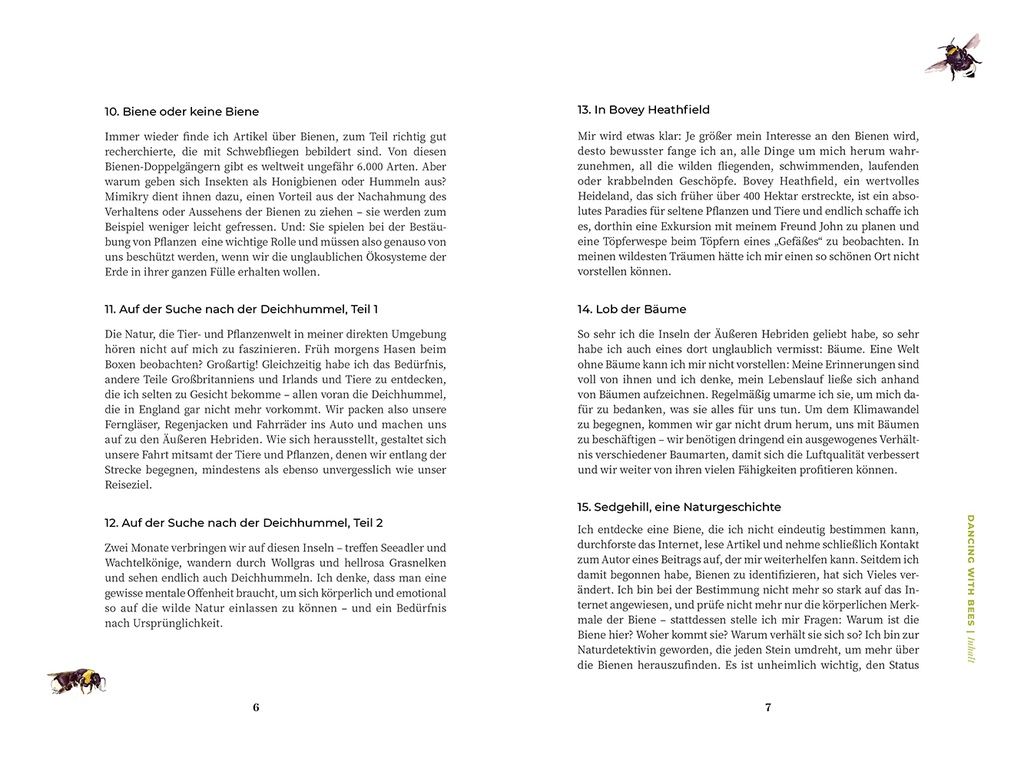 Buchseite mit Text und Illustrationen. Titel: Dancing with Bees. Verlag Löwenzahn. Illustrationen von Bienen und Pflanzen.