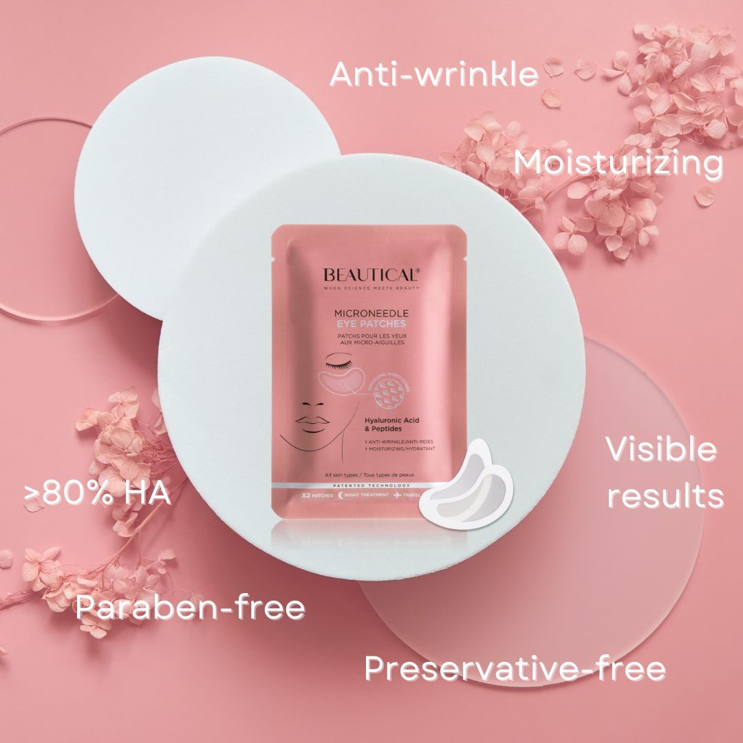 Rosa Verpackung mit BEAUTICAL Mikronadel-Augenpads. Text: Anti-Falten, feuchtigkeitsspendend, sichtbare Ergebnisse.