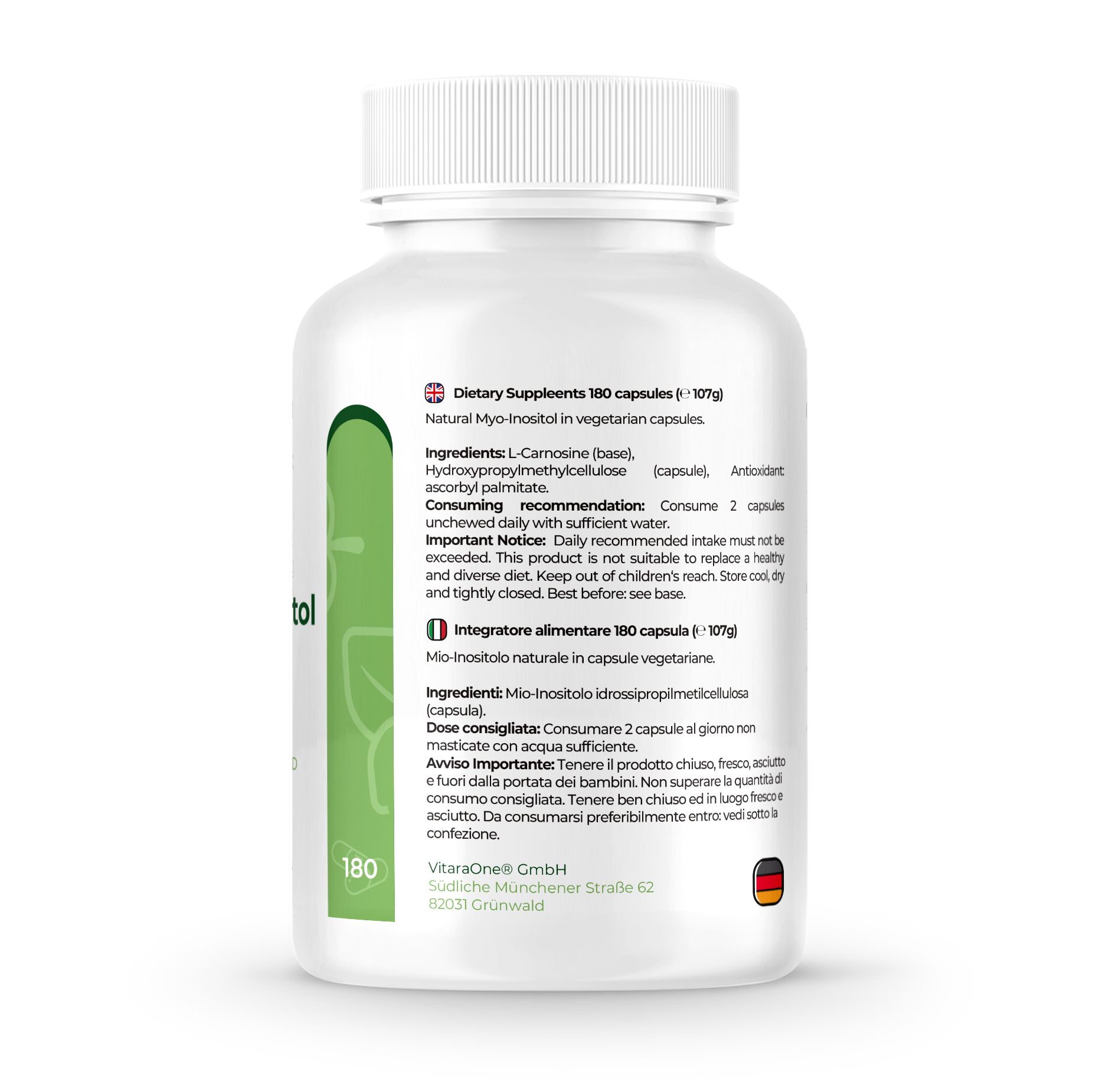 Rückseite der Flasche. Aufschrift: VitaraOne Myo-Inositol 500 mg. 180 Kapseln. Informationen zu Inhaltsstoffen und Dosierung.