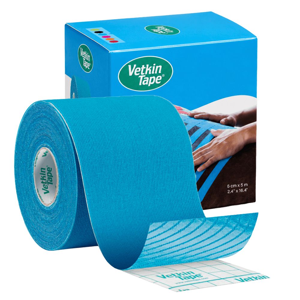VetkinTape Rolle und Karton in Blau. Kinesiotape für Pferde und Hunde.