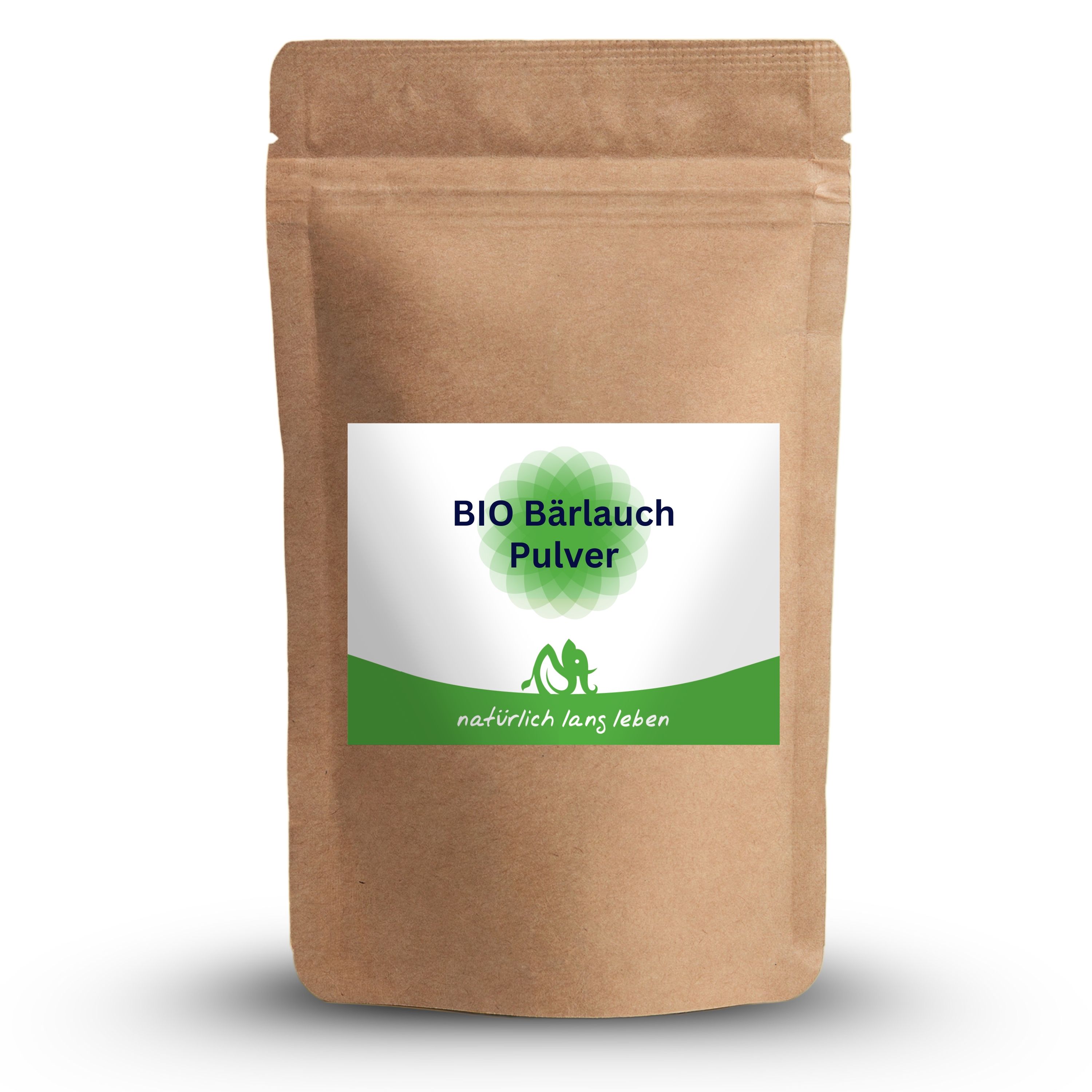 Braune Tüte mit grünem Etikett. Aufschrift: BIO Bärlauch Pulver. Logo und Schriftzug: natürlich lang leben.