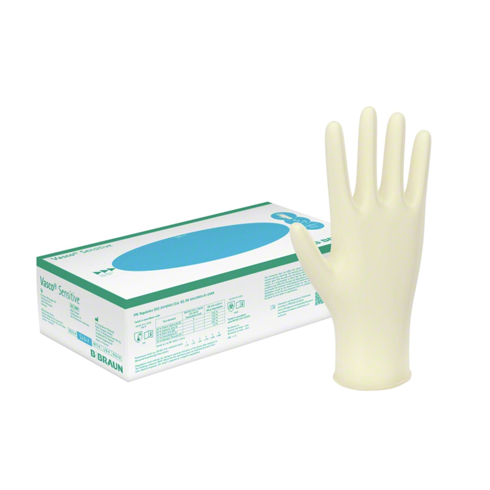 Handschuh aus Latex, hellgelb, neben Verpackung. Aufschrift Vasco Sensitive und B. Braun.