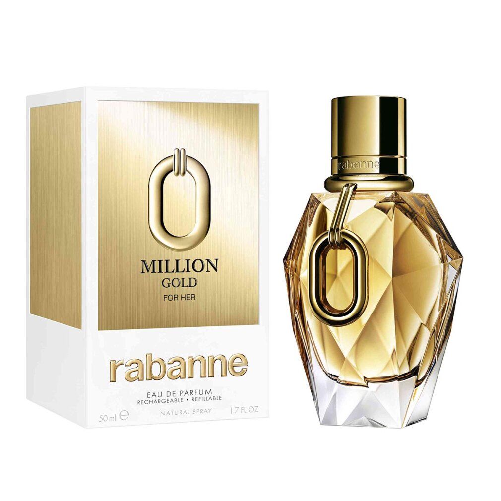 Goldfarbener Flakon und Verpackung. Flakon mit goldfarbenem Verschluss und Anhänger. Aufschrift: Million Gold For Her, Rabanne.