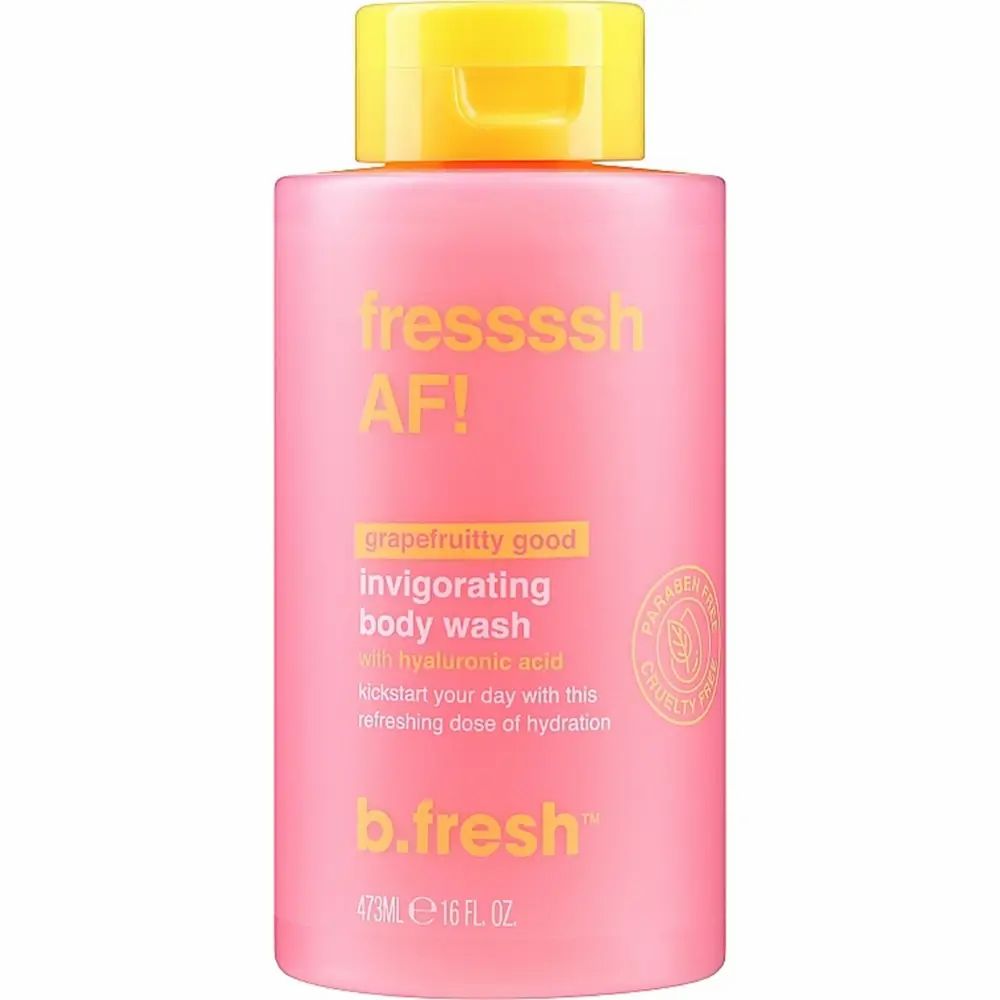 Rosa Flasche mit gelbem Deckel. Aufschrift: fressssh AF!, invigorating body wash, b.fresh. Mit Hyaluronsäure.