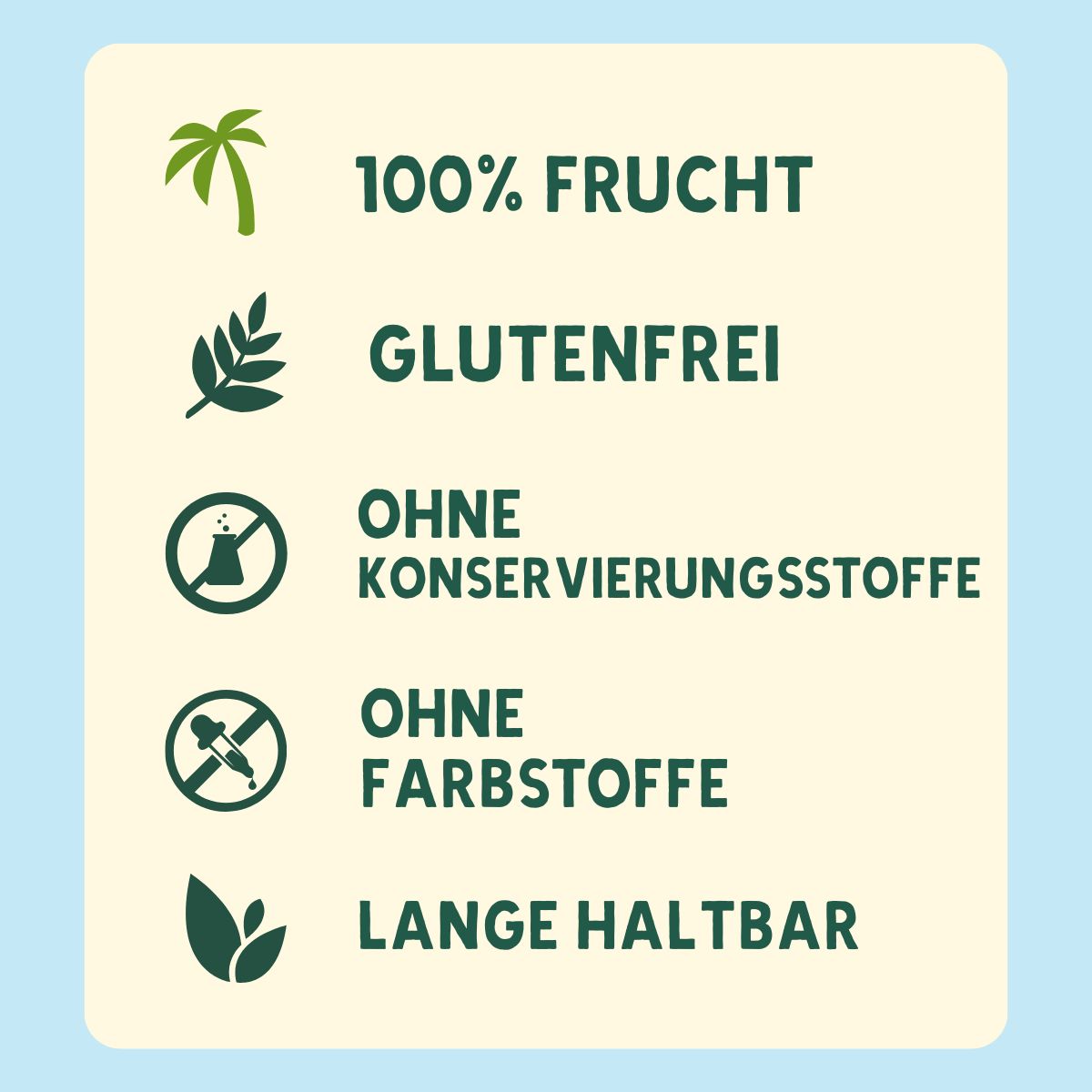 Textfeld mit grünen Symbolen und Text: 100% Frucht, glutenfrei, ohne Konservierungsstoffe, ohne Farbstoffe, lange haltbar.
