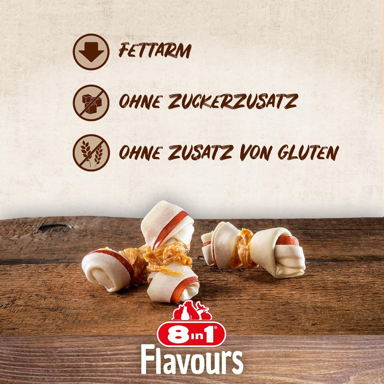 Kausnacks: fettarm, ohne Zuckerzusatz, ohne Zusatz von Gluten. "Fettarm", "Ohne Zuckerzusatz", "Ohne Zusatz von Gluten".