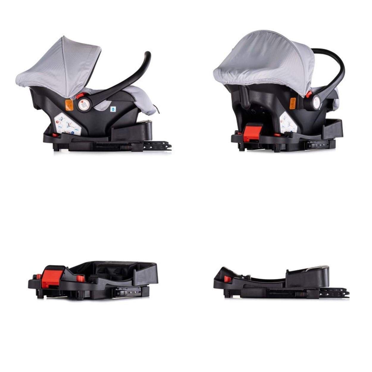 Babyschale mit Basisstation in Grau und Schwarz.