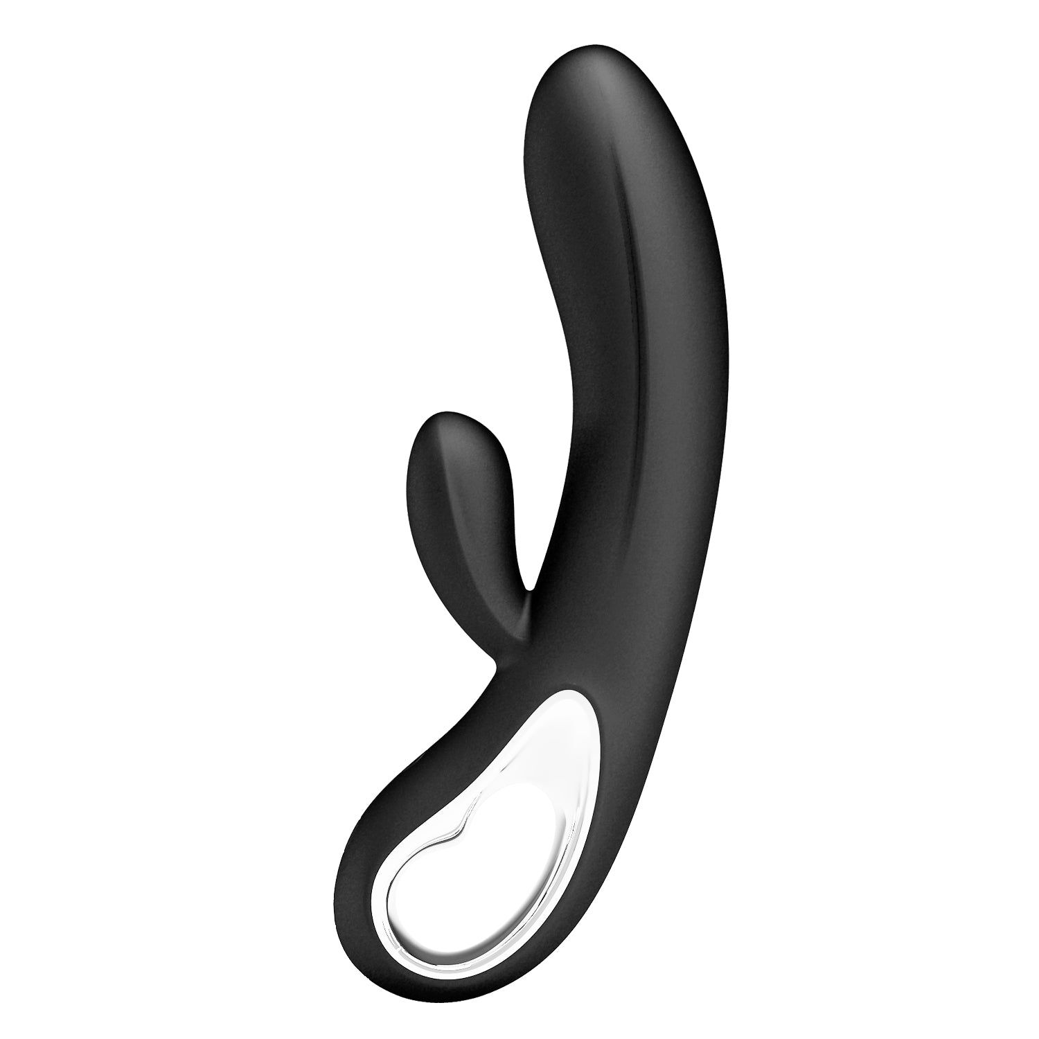 Schwarzes Wellness-Produkt mit gebogener Form und einem zusätzlichen Vorsprung. Silberfarbene Akzente.