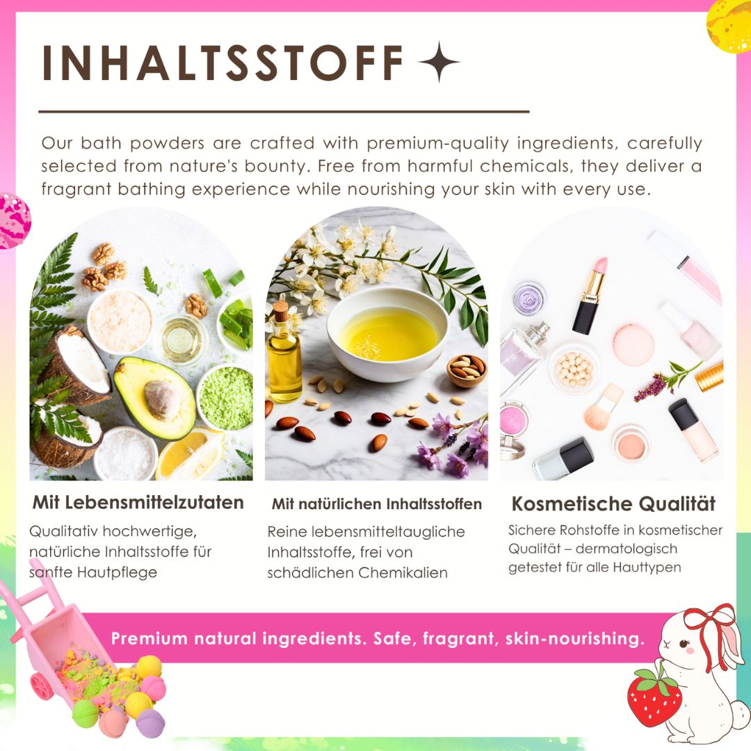 Drei Produktbilder: Zutaten, Inhaltsstoffe, kosmetische Qualität. Text: Premium-Inhaltsstoffe, sicher, duftend, hautpflegend. Schubkarre mit Kugeln.