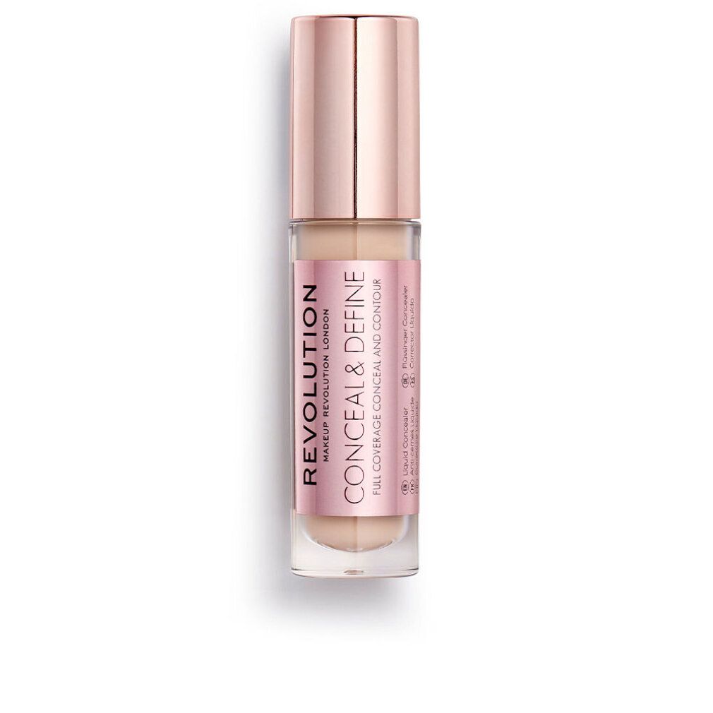 Flüssiger Concealer. Rosa-farbene Aufschrift: REVOLUTION CONCEAL & DEFINE. Voll deckend. Farbton C4. Rosegoldfarbener Deckel.