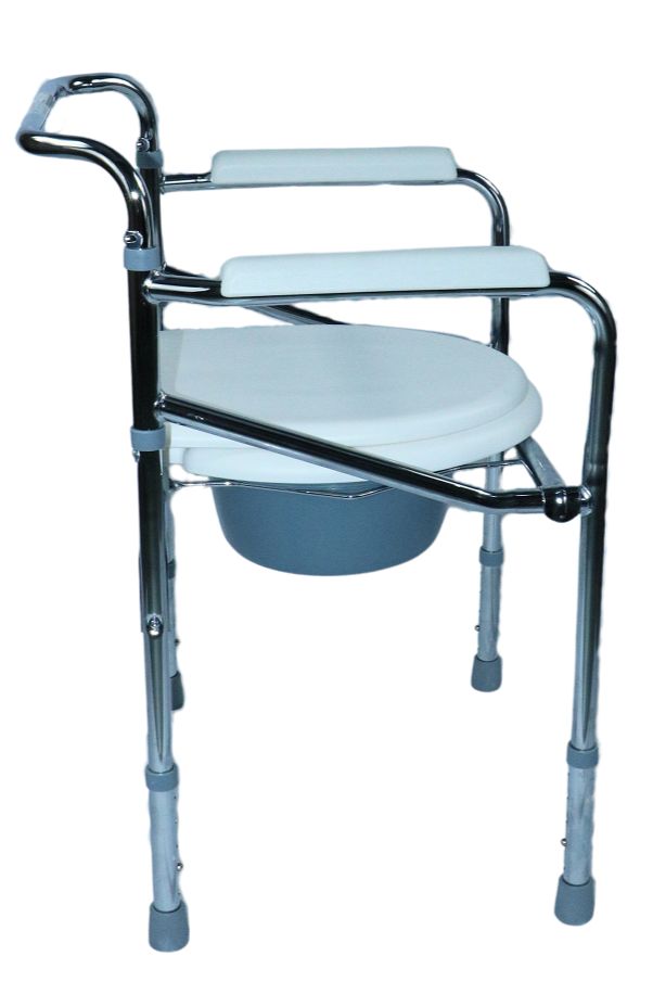 Toilettenstuhl mit weißem Sitz, Armlehnen, Eimer und höhenverstellbaren Beinen. Metallrahmen.
