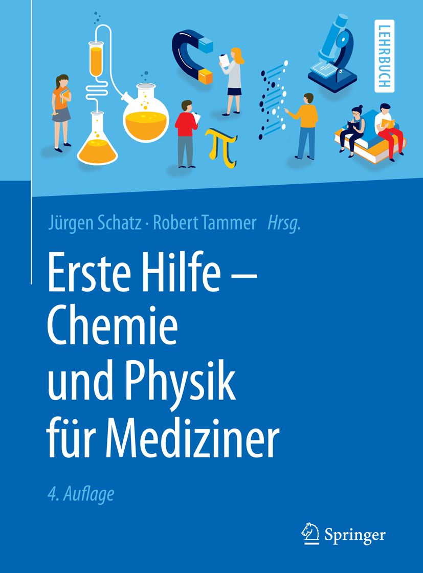 Buchcover: Erste Hilfe - Chemie und Physik für Mediziner. Titel in Weiß auf blauem Hintergrund. Illustrationen von Wissenschaftlern und Laborgeräten.