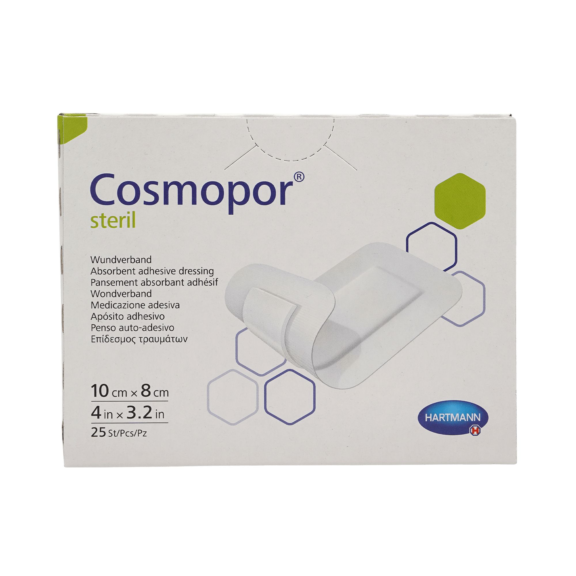 Cosmopor® steril Box. Wundverband, 10x8 cm. 25 Stück. Hartmann-Logo. Produktbezeichnung und Größenangabe.
