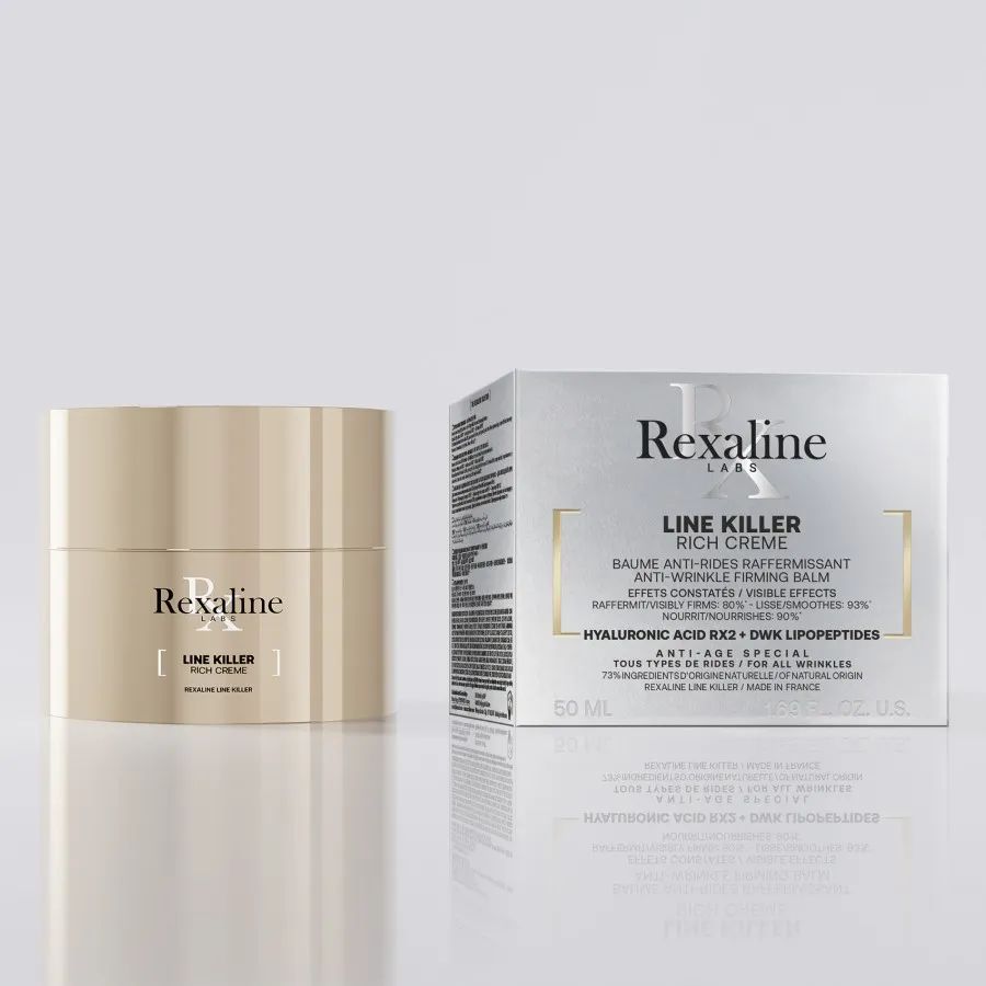 Creme-Tiegel und Schachtel. Aufschrift: Rexaline, Line Killer Rich Creme, Anti-Age-Balsam.