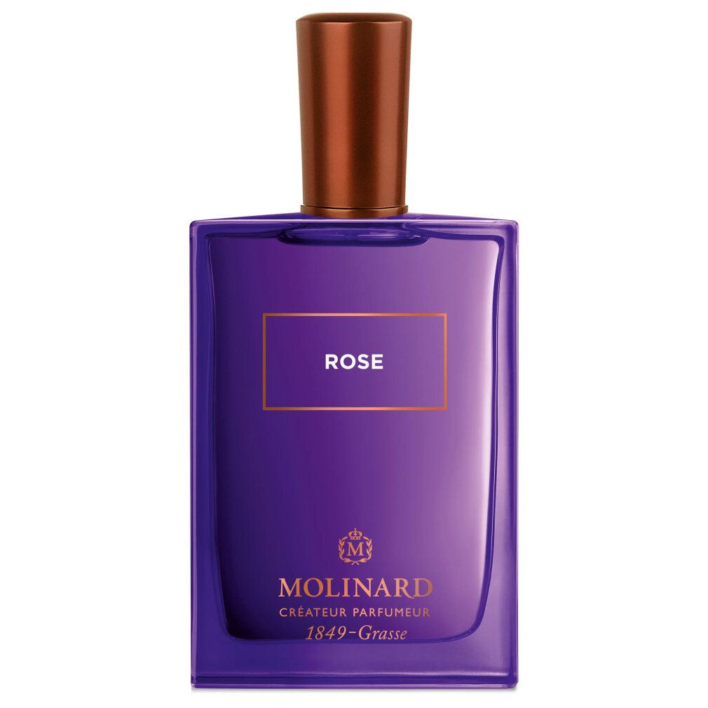 Violette Flasche. Aufschrift ROSE und MOLINARD. Bronzefarbener Verschluss.