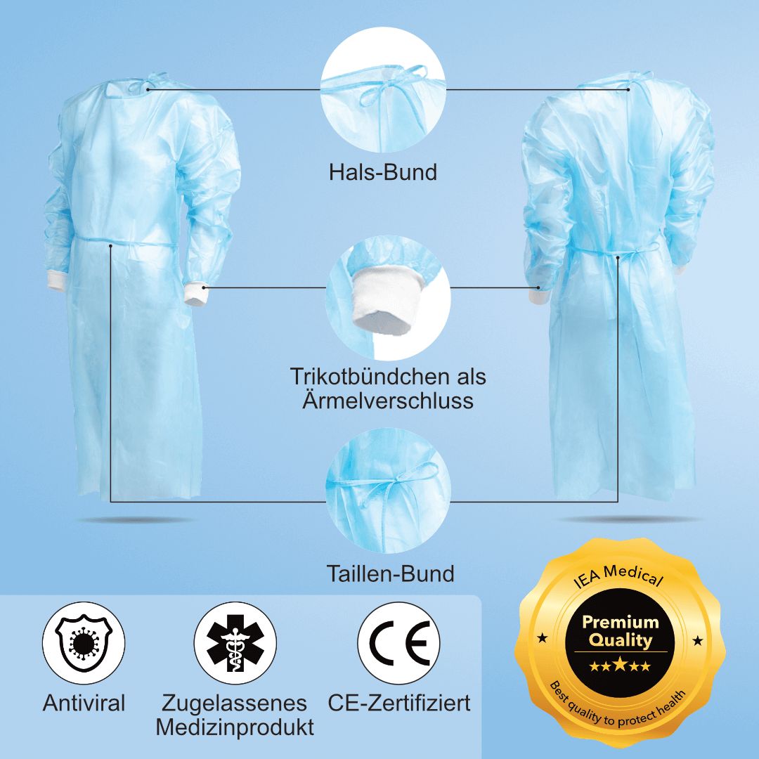 Blauer Schutzkittel mit Details: Hals- und Taillenbund, Strickbündchen als Ärmelverschluss. Logos: Antiviral, Medizinprodukt, CE-Zertifizierung, Premium Quality.