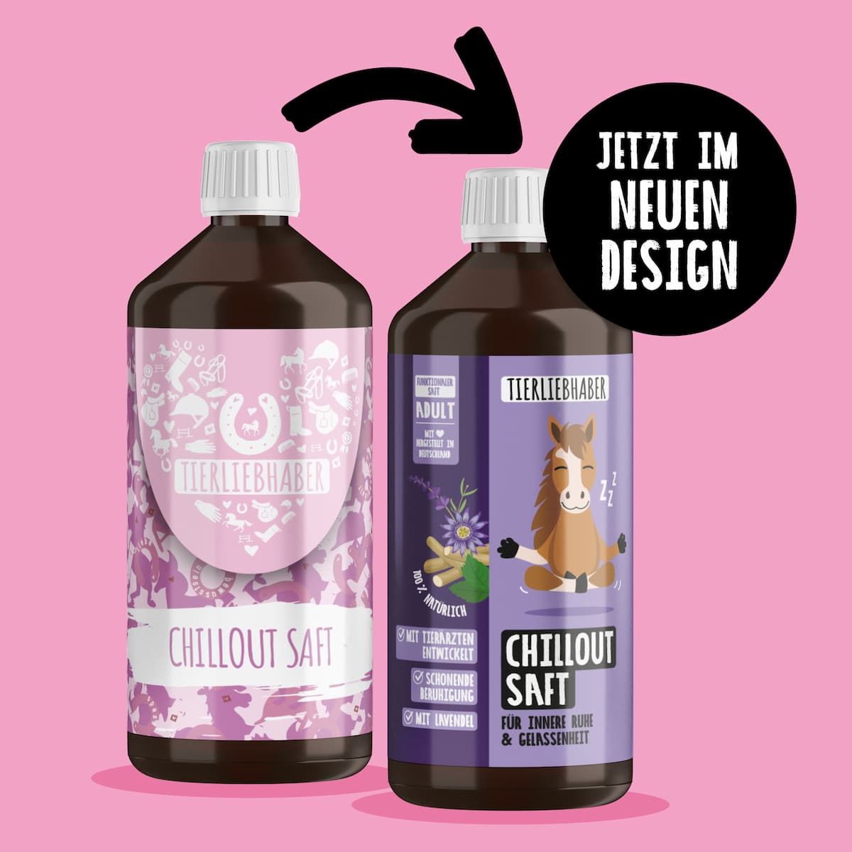 Zwei Flaschen, eine mit altem, eine mit neuem Design. Text: Jetzt im neuen Design.