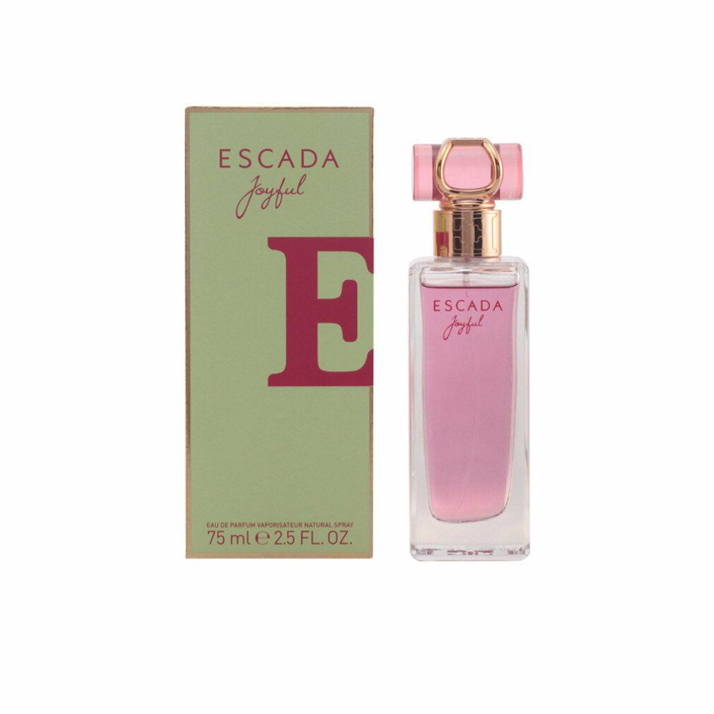 Escada Joyful Eau de Parfum Spray. Flakon mit rosa Flüssigkeit, rosa Verschluss. Grüne Verpackung mit Schriftzug.
