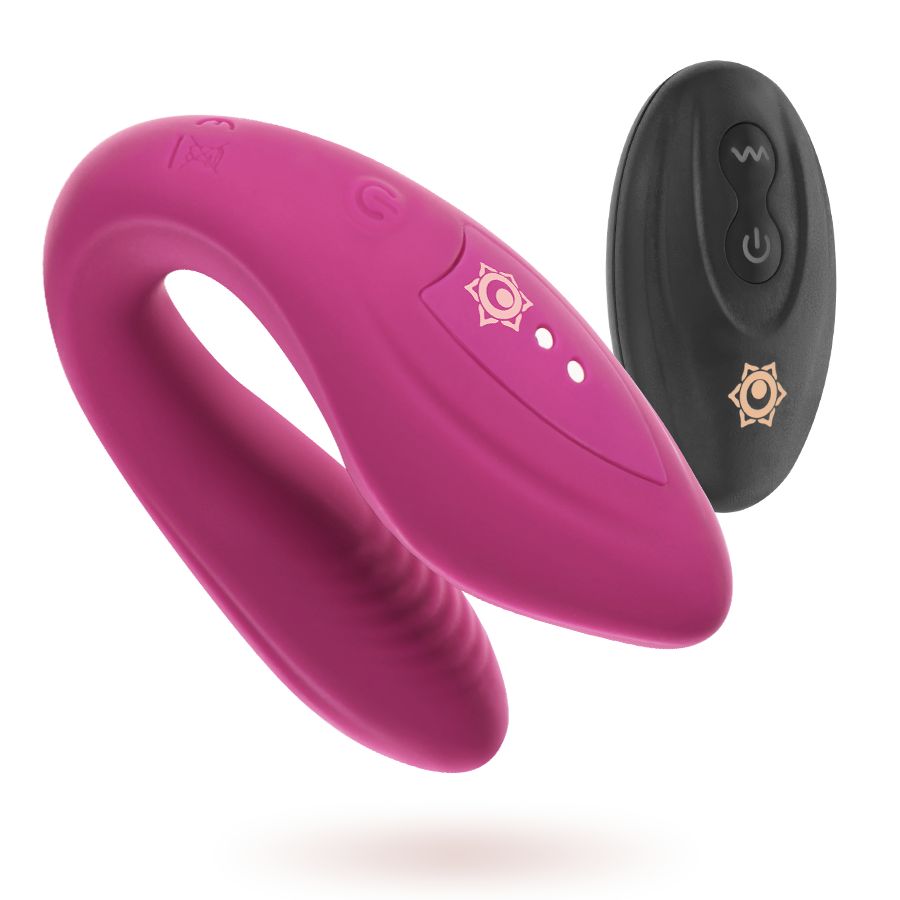 Lila Vibrator mit schwarzer Fernbedienung. Fernbedienung mit Symbolen. Vibrator mit Knöpfen.