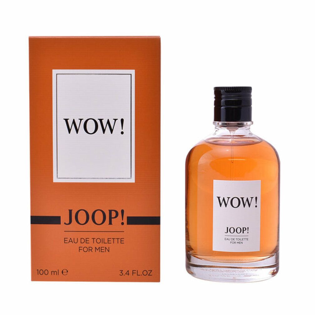 Joop Wow Eau de Toilette für Herren. Flakon und Verpackung. Flakon mit schwarzem Verschluss, orangefarbene Verpackung.