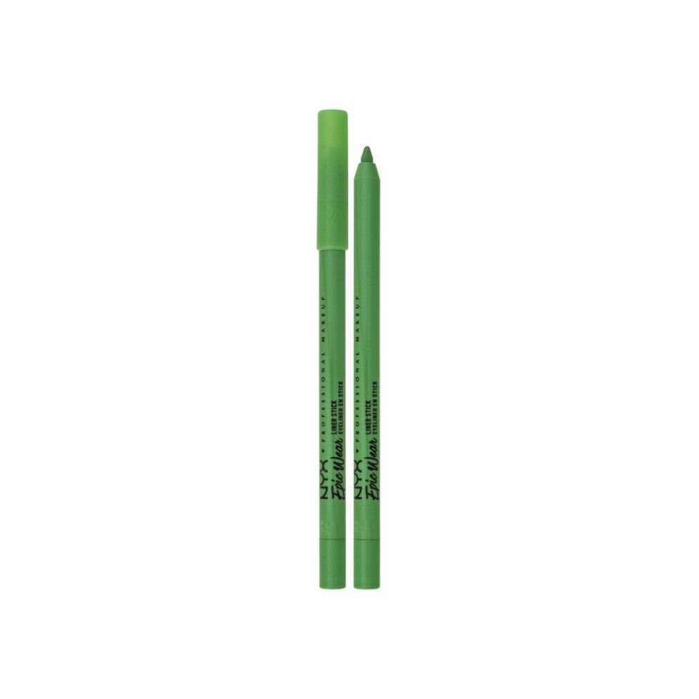 Zwei grüne Eyeliner-Stifte mit geöffneter Kappe. Aufschrift: NYX PROFESSIONAL MAKEUP. Produktname und Farbe sichtbar.