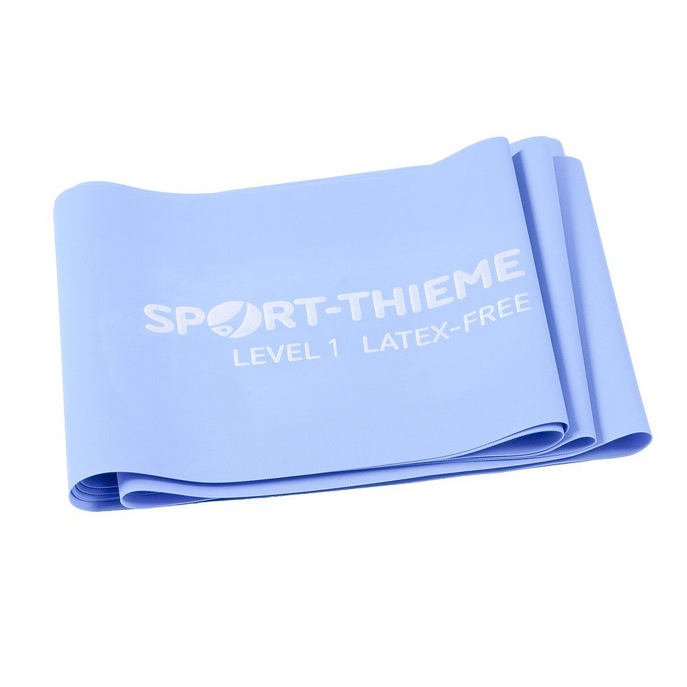 Hellblaues Fitnessband, gefaltet. Aufdruck: Sport-Thieme, Level 1, latexfrei.
