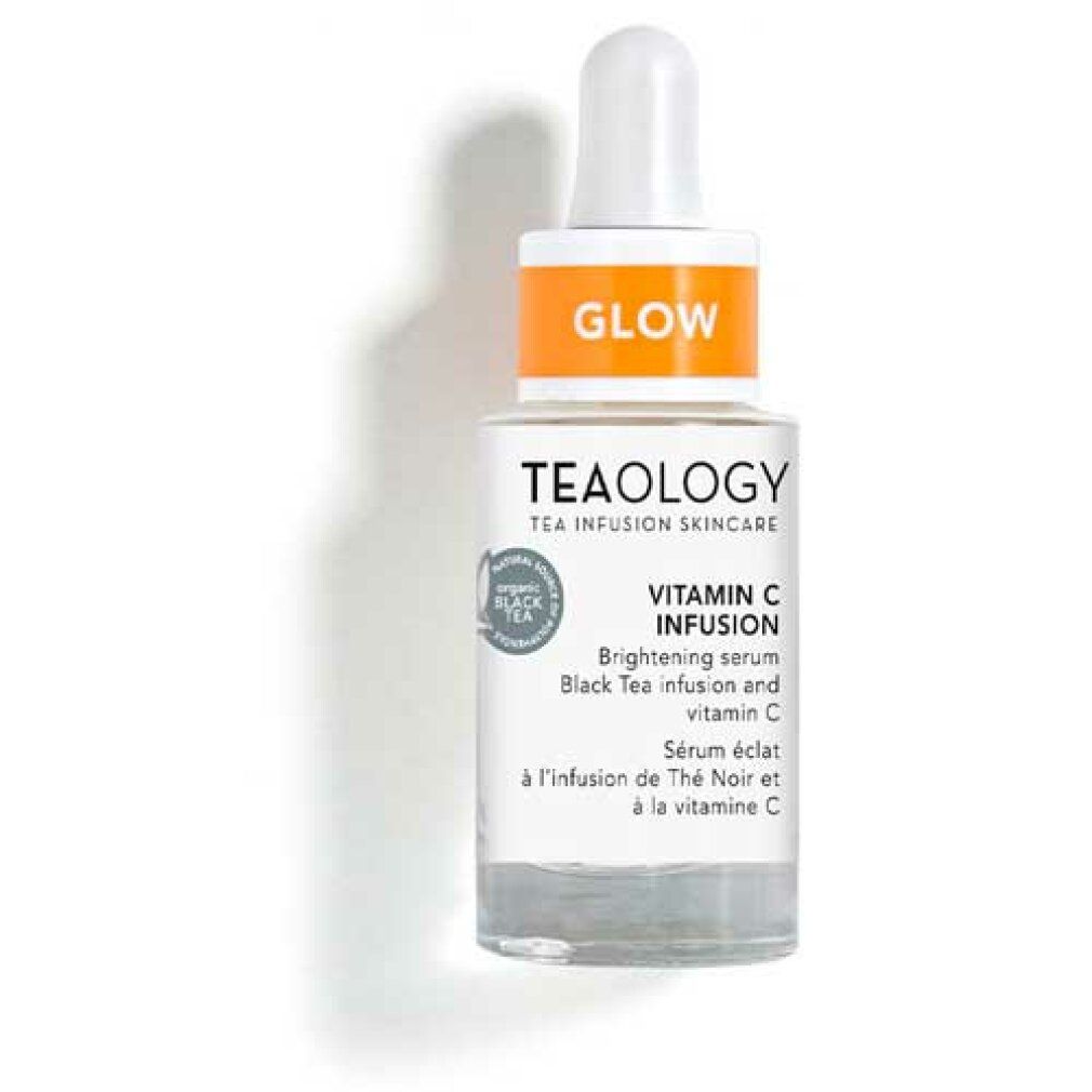 Serumflasche mit Pipette. Aufschrift: Teaology, Vitamin C Infusion, Glow. Auf weißem Hintergrund.